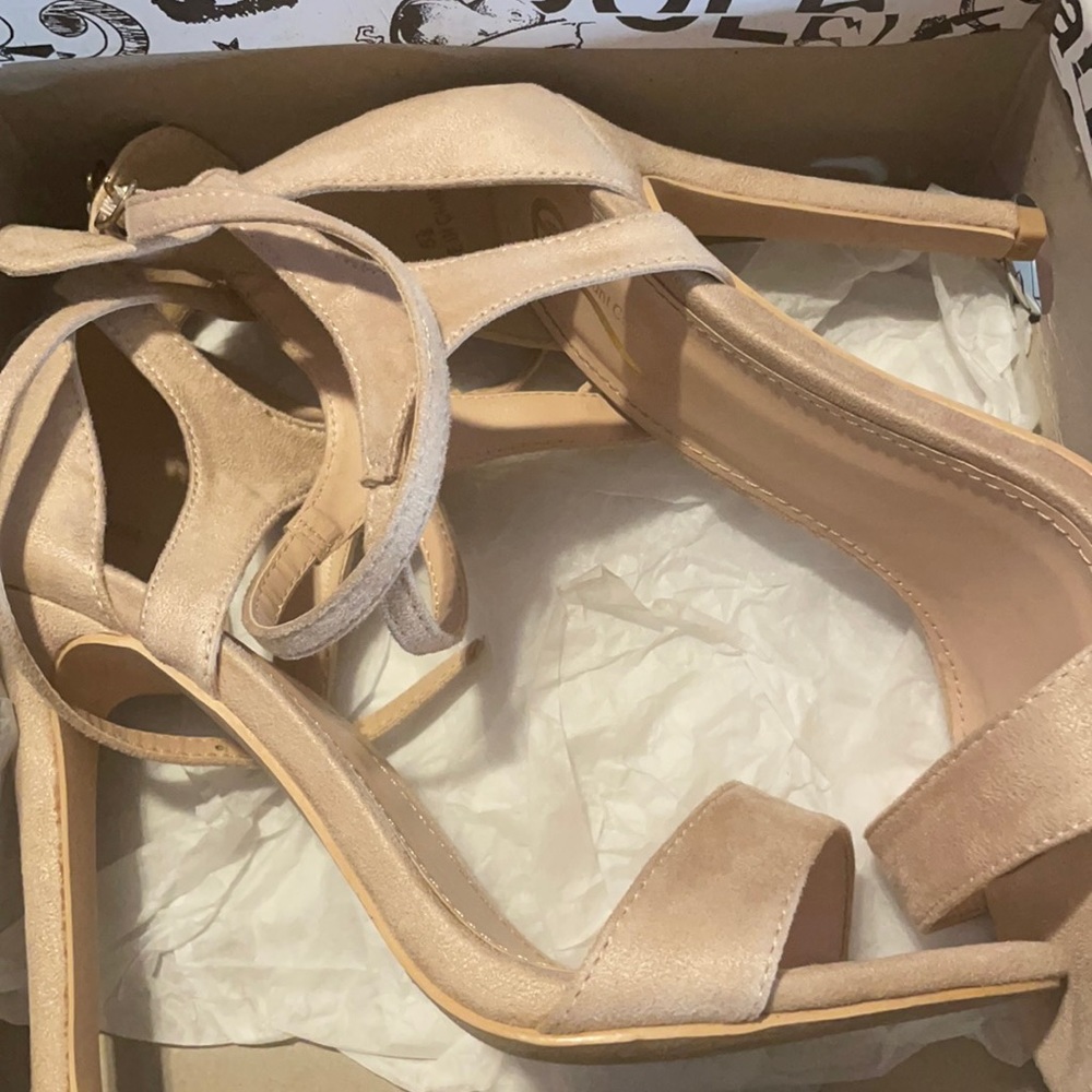 Nude suede open toe heels